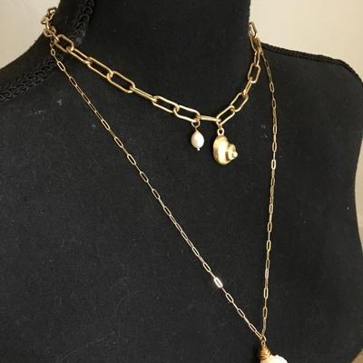 Beautiful satin, gold, toned, layered seashell, genuine, pearl statement, necklace