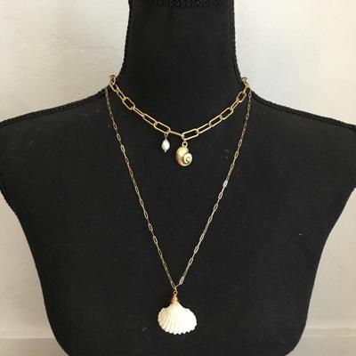 Beautiful satin, gold, toned, layered seashell, genuine, pearl statement, necklace