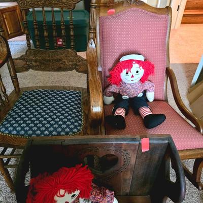 1 Child's Rocking Chair, 1 Child's Bench, 1 Carved Armchair with Upholstered Seat and Raggedy Ann and Andy