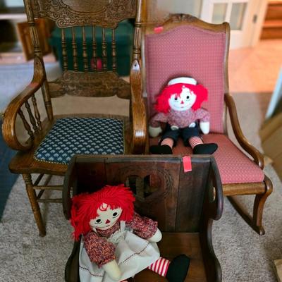 1 Child's Rocking Chair, 1 Child's Bench, 1 Carved Armchair with Upholstered Seat and Raggedy Ann and Andy