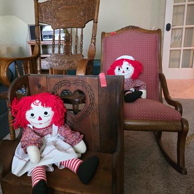 1 Child's Rocking Chair, 1 Child's Bench, 1 Carved Armchair with Upholstered Seat and Raggedy Ann and Andy