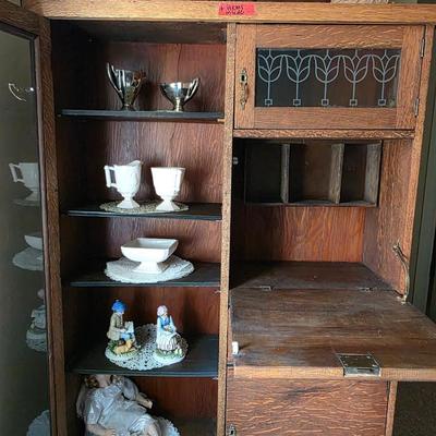 Vintage Oak Side by Side/Secretary Cabinet with vintage decor items.