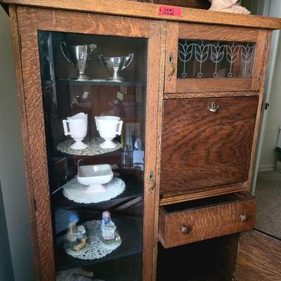 Vintage Oak Side by Side/Secretary Cabinet with vintage decor items.