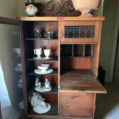 Vintage Oak Side by Side/Secretary Cabinet with vintage decor items.