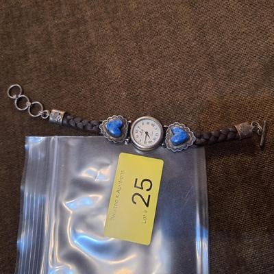 Sale Photo Thumbnail #114: the band is sterling and leather, the watch needs a new battery and is untested.  Not sure if the stones are turquoise or other stone.