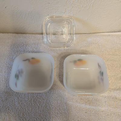 Fire King Fruits Ovenware Square 2 bowls 1 lid