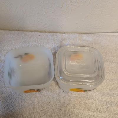 Fire King Fruits Ovenware Square 2 bowls 1 lid