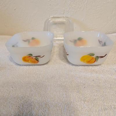 Fire King Fruits Ovenware Square 2 bowls 1 lid
