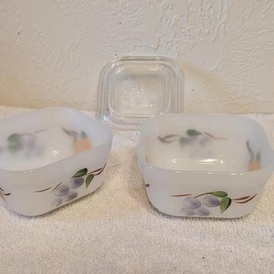Fire King Fruits Ovenware Square 2 bowls 1 lid