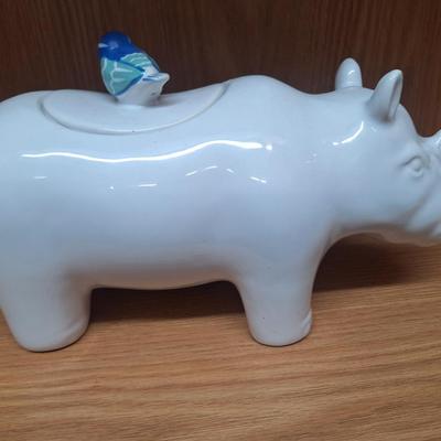 Opalhouse Stoneware White Rhino and little blue bird cookie jar