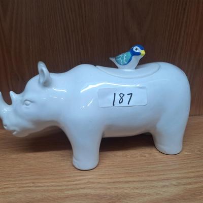 Opalhouse Stoneware White Rhino and little blue bird cookie jar