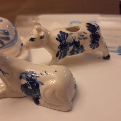 Delft Blue Holland Cow creamer, salt and pepper and toothpick holder