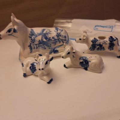 Delft Blue Holland Cow creamer, salt and pepper and toothpick holder