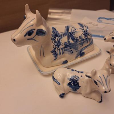 Delft Blue Holland Cow creamer, salt and pepper and toothpick holder