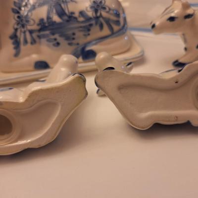 Delft Blue Holland Cow creamer, salt and pepper and toothpick holder