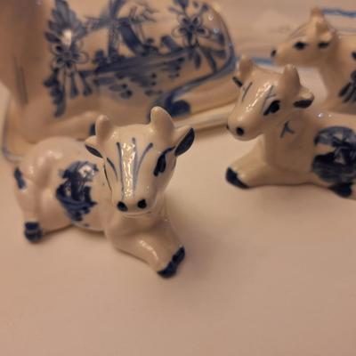 Delft Blue Holland Cow creamer, salt and pepper and toothpick holder