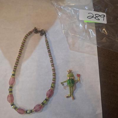 Necklace and frog brooch