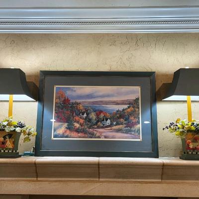 Countryside Framed Art and 2 Bunny Planter Style Tabletop Lamps