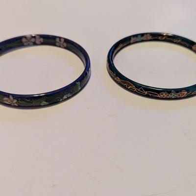 Vintage Black Double Sided Cloisonne Bangle Bracelets Floral Enameled #1