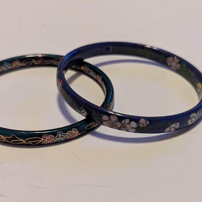 Vintage Black Double Sided Cloisonne Bangle Bracelets Floral Enameled #1