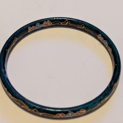 Vintage Black Double Sided Cloisonne Bangle Bracelets Floral Enameled #1