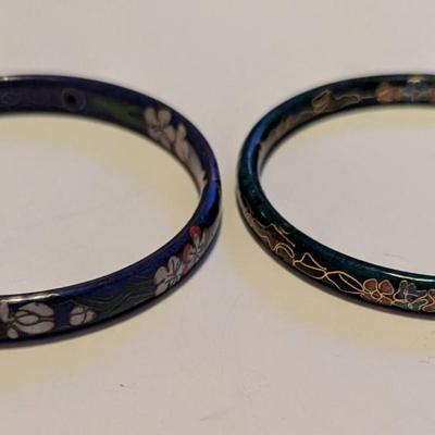 Vintage Black Double Sided Cloisonne Bangle Bracelets Floral Enameled #1