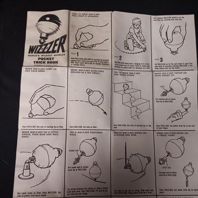 1969 "WIZZZER, WORLD'S WILDEST WHIRLER" TOY TOPS PLUS VINTAGE WOODEN TOP