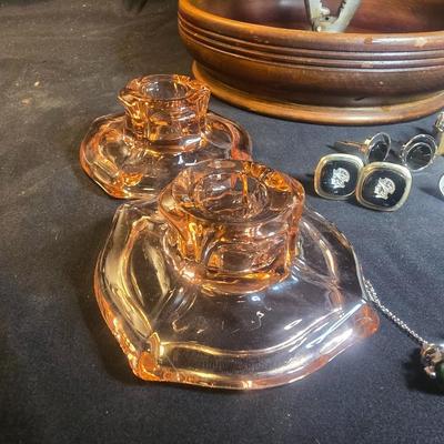 MEN'S VINTAGE JEWELRY, WOODEN NUT CRACKER BOWL AND DEPRESSION GLASS CANDLE HOLDERS