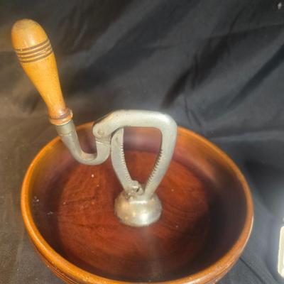 MEN'S VINTAGE JEWELRY, WOODEN NUT CRACKER BOWL AND DEPRESSION GLASS CANDLE HOLDERS