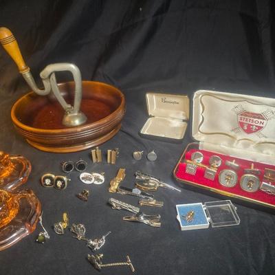 MEN'S VINTAGE JEWELRY, WOODEN NUT CRACKER BOWL AND DEPRESSION GLASS CANDLE HOLDERS