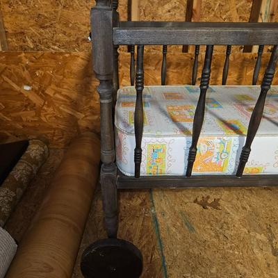 Antique Baby Crib with Mattress on Wheels
