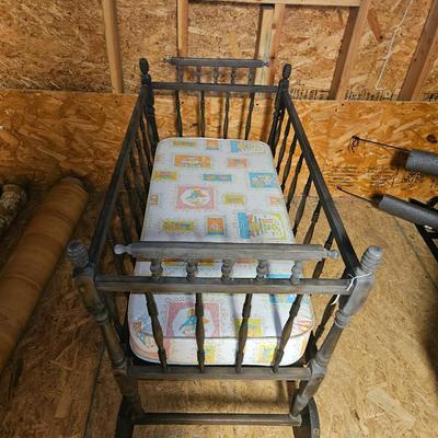 Antique Baby Crib with Mattress on Wheels