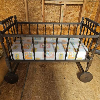 Antique Baby Crib with Mattress on Wheels