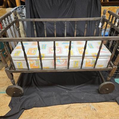 Antique Baby Crib with Mattress on Wheels