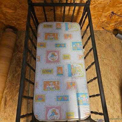 Antique Baby Crib with Mattress on Wheels