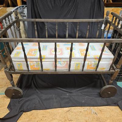Antique Baby Crib with Mattress on Wheels