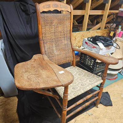 Antique Cane Back Chair with Fold Down Writing Table