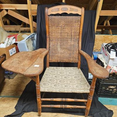 Antique Cane Back Chair with Fold Down Writing Table