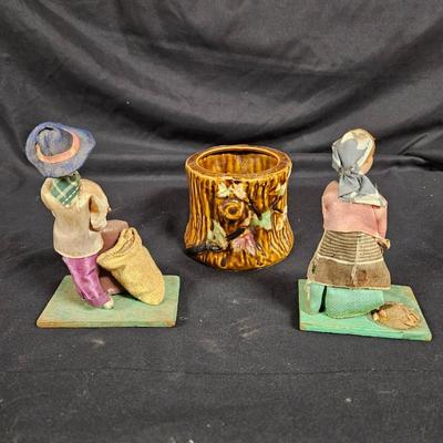 Vintage Lot of 3 Antique Asian Items Including 2 Handmade Figurines and Small Planter
