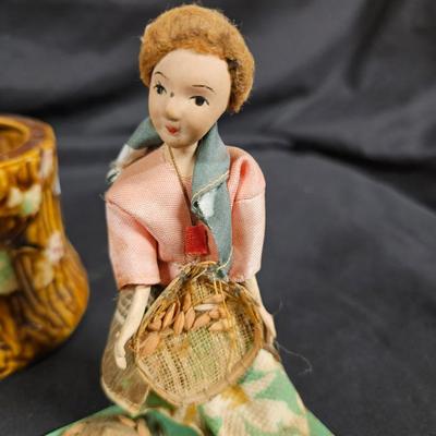 Vintage Lot of 3 Antique Asian Items Including 2 Handmade Figurines and Small Planter
