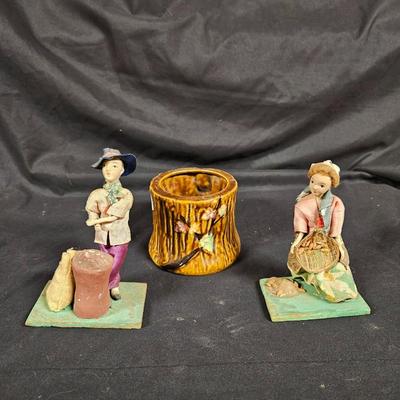 Vintage Lot of 3 Antique Asian Items Including 2 Handmade Figurines and Small Planter