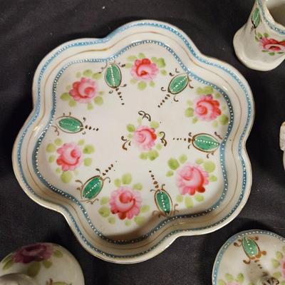 Antique Miniature Porcelain Condiment Set Includes Salt, Pepper, Sugar and Toothpick Holder with Tray and Spoon