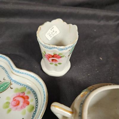 Antique Miniature Porcelain Condiment Set Includes Salt, Pepper, Sugar and Toothpick Holder with Tray and Spoon