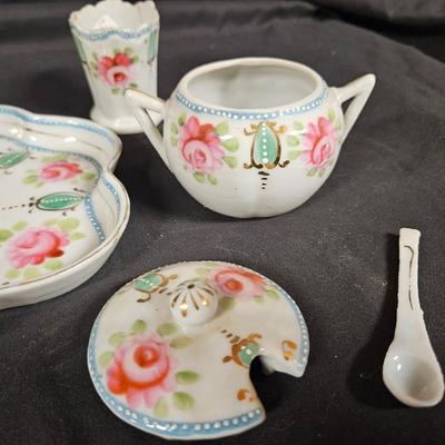 Antique Miniature Porcelain Condiment Set Includes Salt, Pepper, Sugar and Toothpick Holder with Tray and Spoon