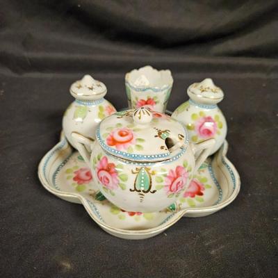 Antique Miniature Porcelain Condiment Set Includes Salt, Pepper, Sugar and Toothpick Holder with Tray and Spoon