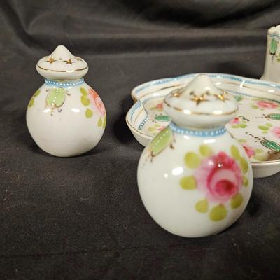 Antique Miniature Porcelain Condiment Set Includes Salt, Pepper, Sugar and Toothpick Holder with Tray and Spoon