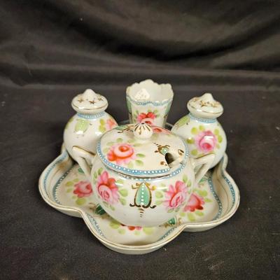 Antique Miniature Porcelain Condiment Set Includes Salt, Pepper, Sugar and Toothpick Holder with Tray and Spoon