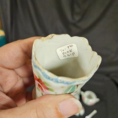 Antique Miniature Porcelain Condiment Set Includes Salt, Pepper, Sugar and Toothpick Holder with Tray and Spoon