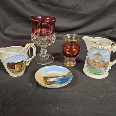 Lot of 5 Antique Souvenir Trinkets, Cranberry Wine Glass and Ruby Bud Vase
