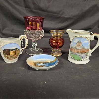 Lot of 5 Antique Souvenir Trinkets, Cranberry Wine Glass and Ruby Bud Vase